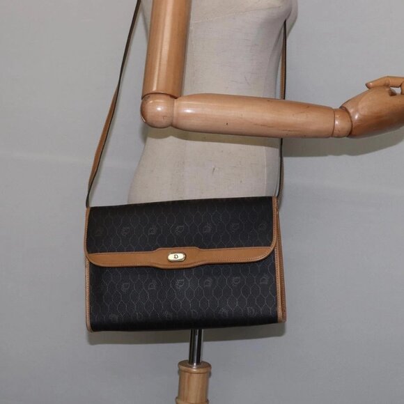 Christian Dior Honeycomb Canvas Bag PVC 2way Black Brown gold Auth bs30244 - Picture 1 of 16